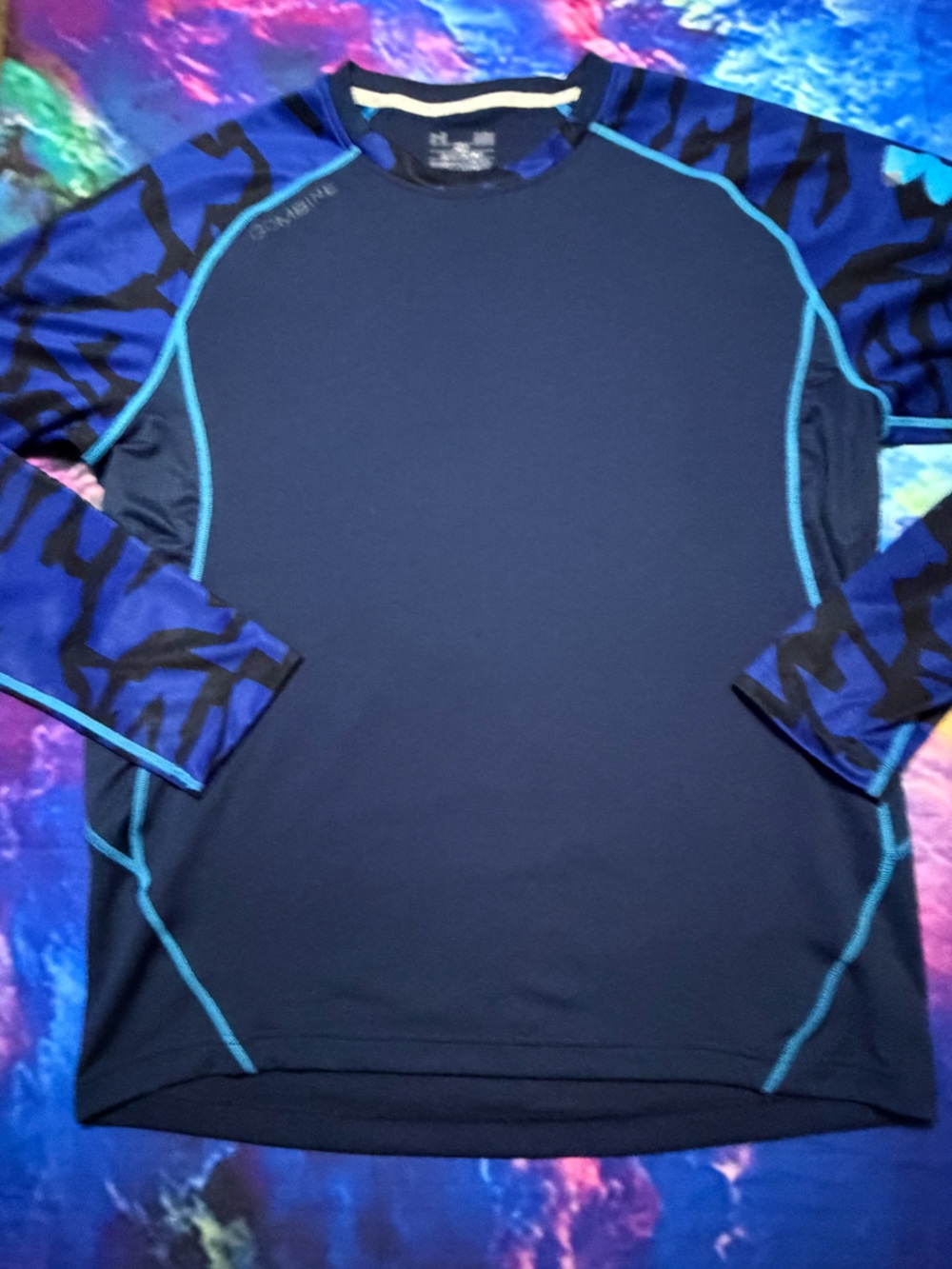Under Armour Navy Blue Heat Gear Long Sleeve Combine Shirt with Teal Stitching
